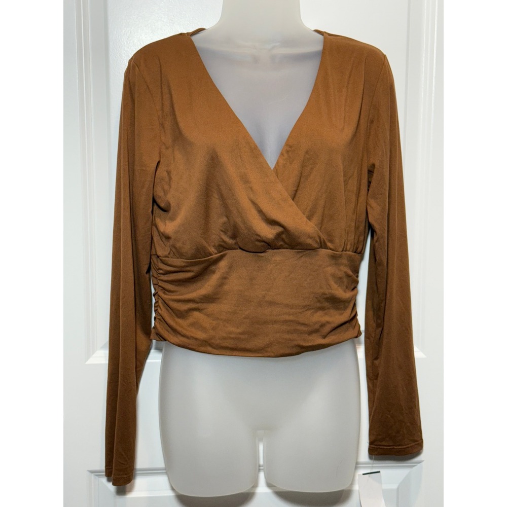 NWT MOA MOA Brown Beige Large Ruched V Neck Wrap Crop Top Large Womens L Shirt